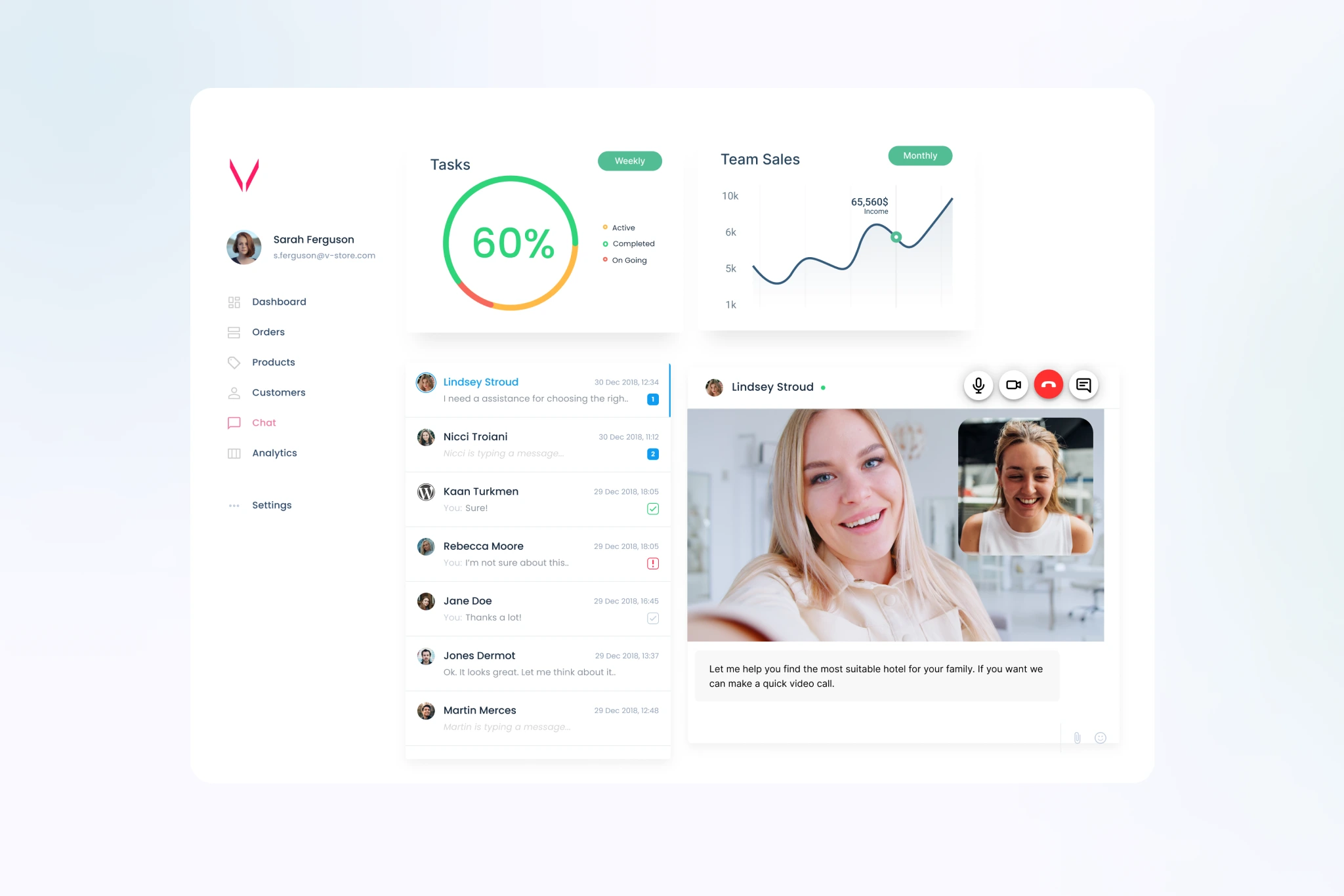 Sales person video chat with a customer on a web site