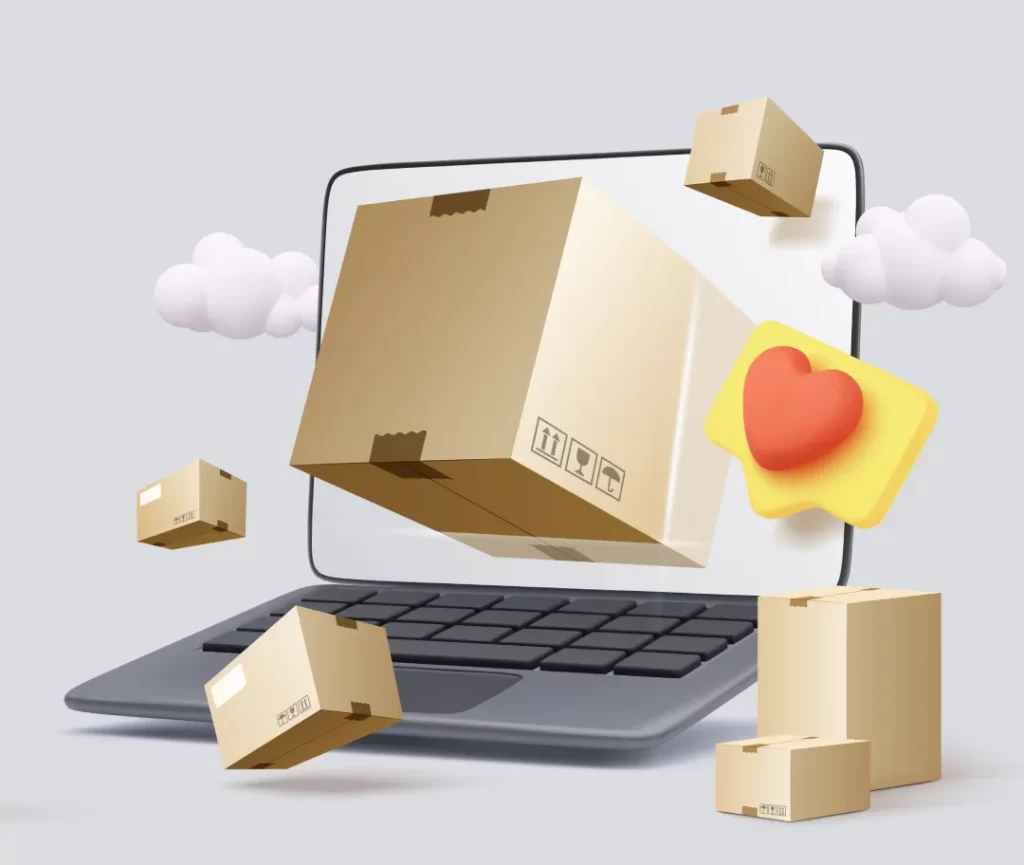 phygital retail experience - shopping packages coming out of laptop screen
